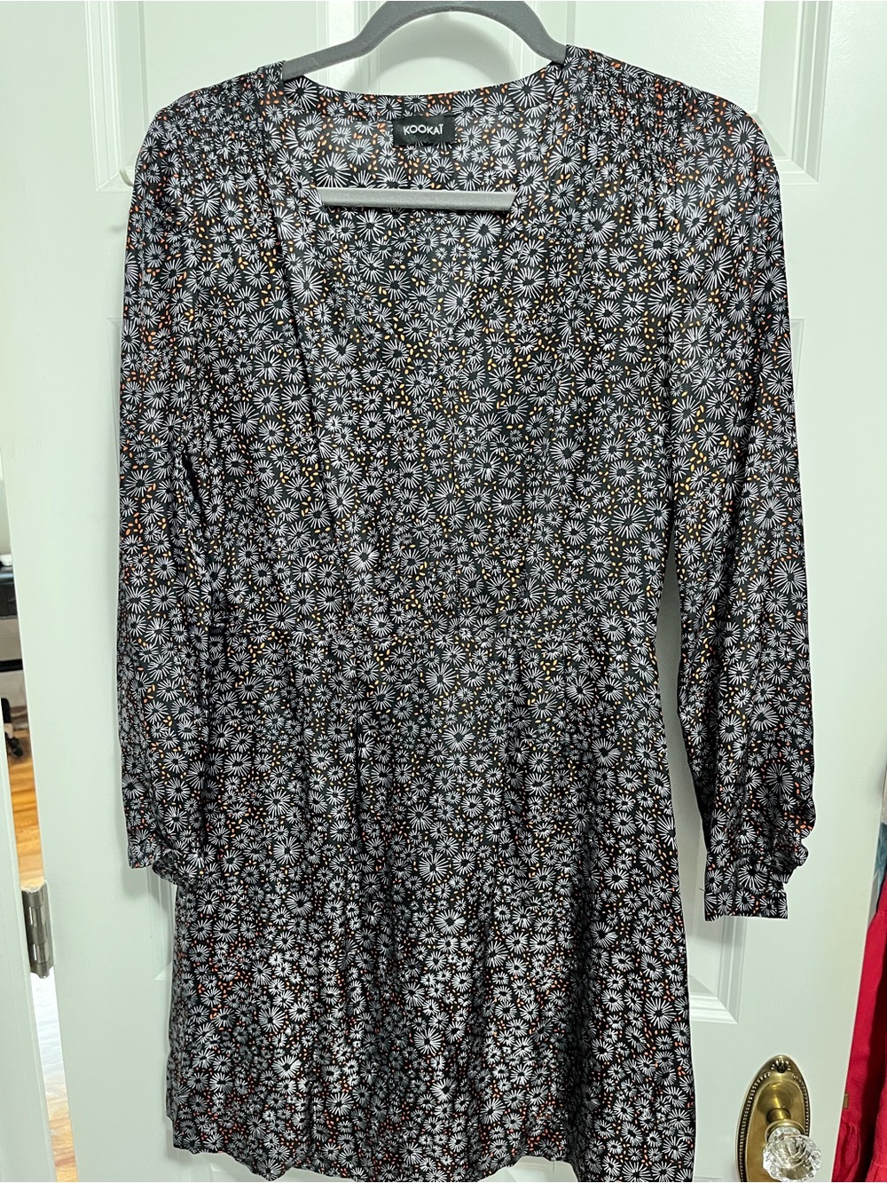 Kookai Black White Daisy-Print Long Sleeve Dress with Brown Accents